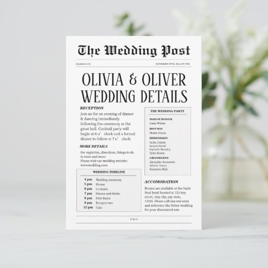 Retro krant bruiloft details informatiekaartje (Staand voorkant)