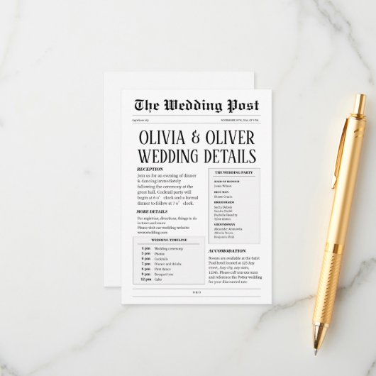 Retro krant bruiloft details informatiekaartje (Voorkant / Achterkant in situ)