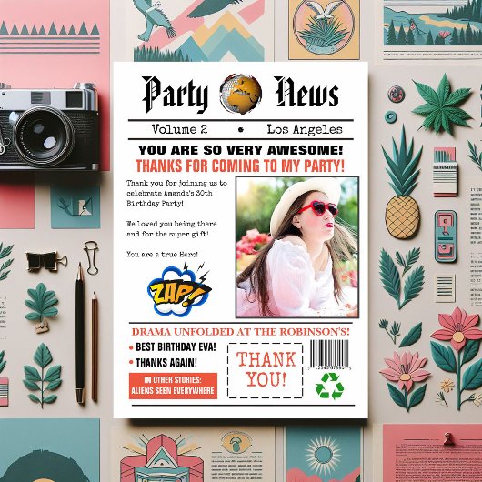 Retro krant verjaardagsfeestfoto bedankkaart