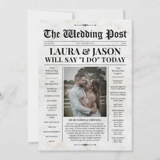 Retro kranten bruiloft programma met tijdlijn Kaar (Voorkant)