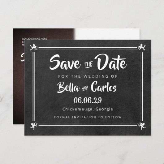 Retro Krijtbord Cupido's Save the Date Briefkaart (Voorkant / Achterkant)