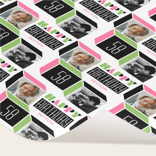 Retro kubus verjaardag aangepaste foto roze groen cadeaupapier
