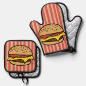  retro kunst hamburgers Rode strepen Moeder Ovenwant & Pannenlap Set (Voorkant / Achterkant)