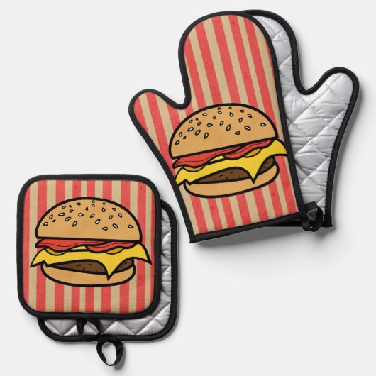 retro kunst hamburgers Rode strepen Moeder Ovenwant & Pannenlap Set (Voorkant / Achterkant)