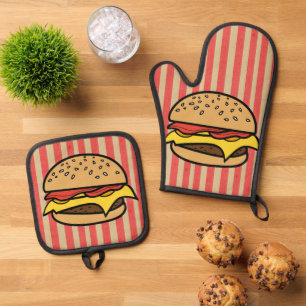 retro kunst hamburgers Rode strepen Moeder Ovenwant & Pannenlap Set