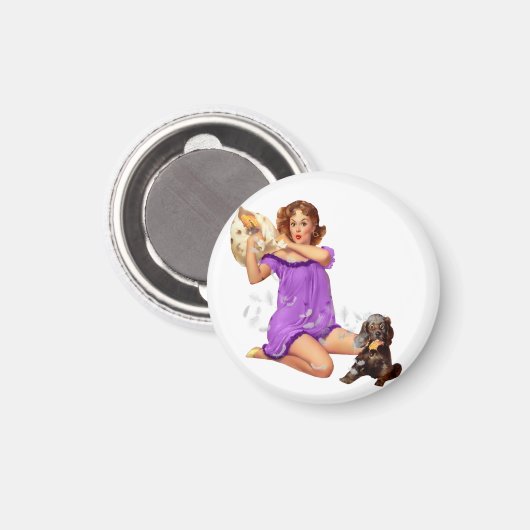 Retro  Kussen Vecht Pinup Meisje Met Puppy Magneet (Voorkant / Achterkant)