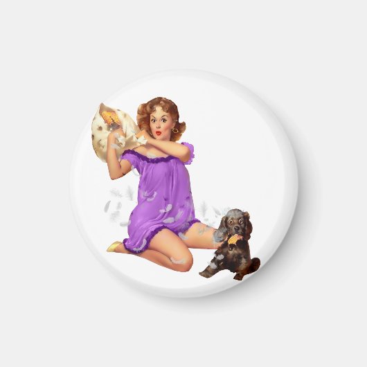 Retro  Kussen Vecht Pinup Meisje Met Puppy Magneet (Voorkant)