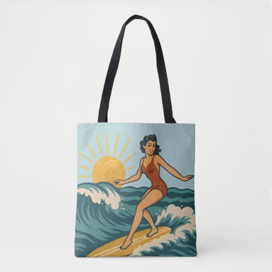 Retro kust pin-up surfer kunst | Blauwe surfstrand Tote Bag (Voorkant)
