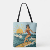 Retro kust pin-up surfer kunst | Blauwe surfstrand Tote Bag (Achterkant)