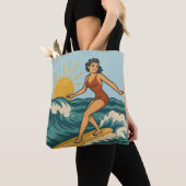 Retro kust pin-up surfer kunst | Blauwe surfstrand Tote Bag (Dichtbij)