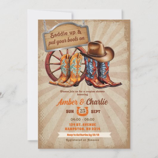 Retro Laarzen Cowboy Couples Douche Kaart (Voorkant)