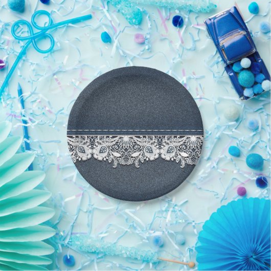Retro Lace en Denim Texture Papieren Bordje (Feest)