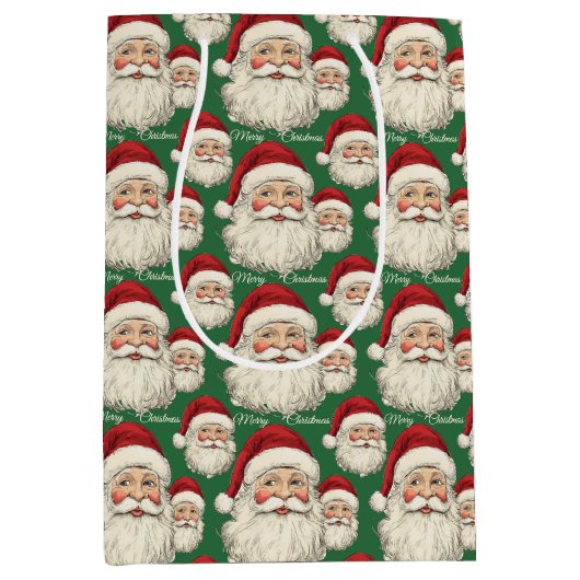  retro lachende kerstman gezicht groen medium cadeauzakje (Voorkant)