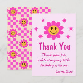 Retro Lachende Roze Bloemenmeisje Verjaardag Bedankkaart