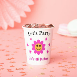 Retro Lachende Roze Bloemenmeisje Verjaardag Papieren Bekers