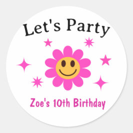 Retro Lachende Roze Bloemenmeisje Verjaardag Ronde Sticker