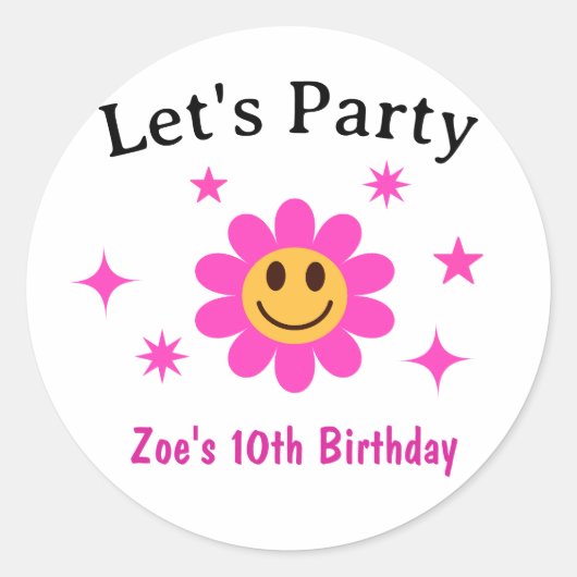 Retro Lachende Roze Bloemenmeisje Verjaardag Ronde Sticker (Voorkant)