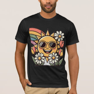 Retro Lachende Zon Regenboog Bloemig Schattig Vint T-shirt