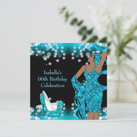 Retro Lady Blauwgroen Glitter High Heels Birthday  Kaart (Staand voorkant)
