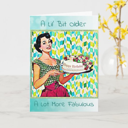 Retro Lady Cake Verjaardag Kaart (Gele Bloem)