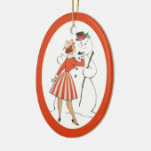 Retro Lady en Snowman Ceramic Ornament (Links)