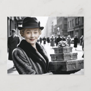 Retro Lady in de drukke straat met Cadeaus Feestdagenkaart