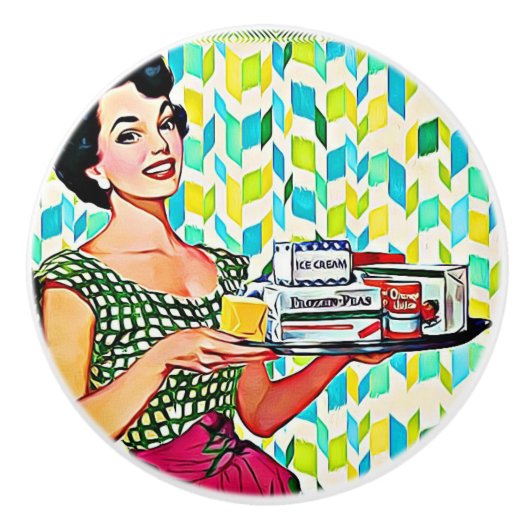 Retro Lady in de keuken-Vintage Keramische Knop (Voorkant)