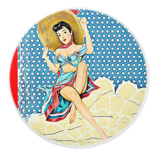 Retro Lady in Sunhat  Keramische Knop (Voorkant)