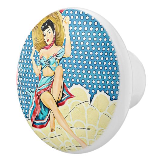 Retro Lady in Sunhat  Keramische Knop (Rechts)