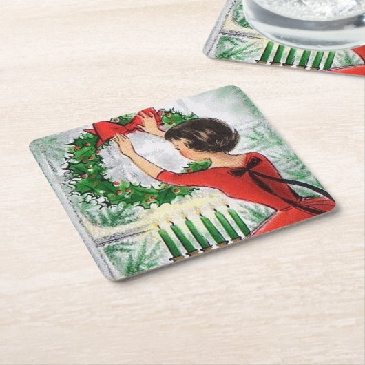 Retro  lady kerstparty onderzetter (Schuin)