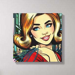 Retro Lady met boodschappentassen Mid Century Canvas Afdruk