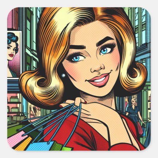 Retro Lady met boodschappentassen Mid Century Vierkante Sticker (Voorkant)