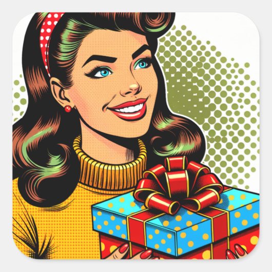 Retro Lady met een Cadeau Vierkante Sticker (Voorkant)