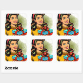 Retro Lady met een Cadeau Vierkante Sticker (Vel)