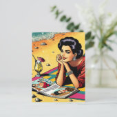 Retro Lady op Beach Dagdromen over Mode Briefkaart (Staand voorkant)