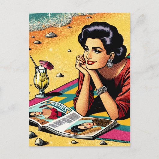 Retro Lady op Beach Dagdromen over Mode Briefkaart (Voorkant)
