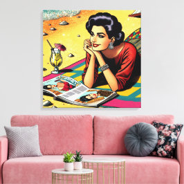Retro Lady op Beach Dagdromen over Mode Canvas Afdruk