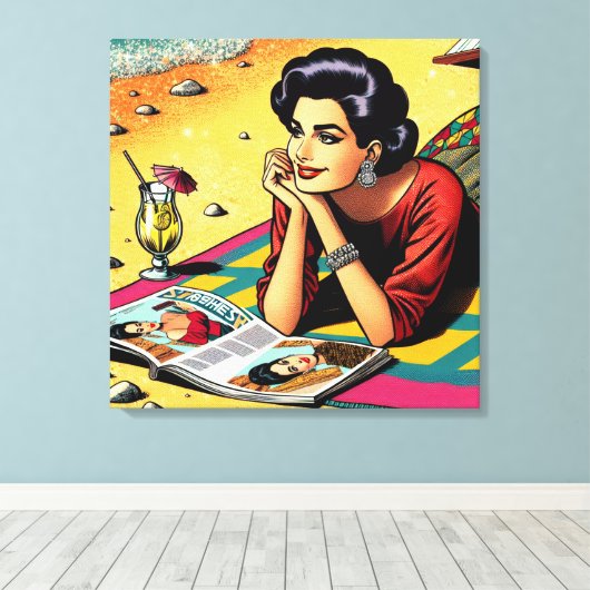 Retro Lady op Beach Dagdromen over Mode Canvas Afdruk (Insitu (Houten vloer))