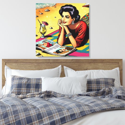 Retro Lady op Beach Dagdromen over Mode Canvas Afdruk (Insitu (Slaapkamer))