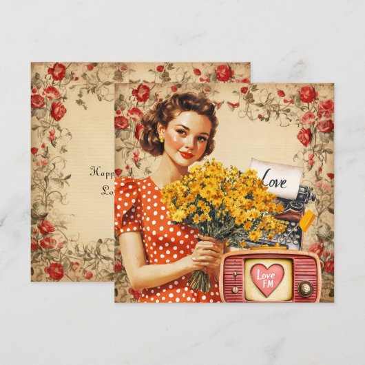  Retro Lady Valentijn Flat Holiday Kaart (Voorkant / Achterkant)