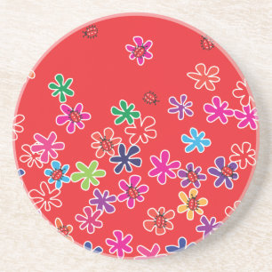 Retro Ladybugs en bloemen Zandsteen Onderzetter