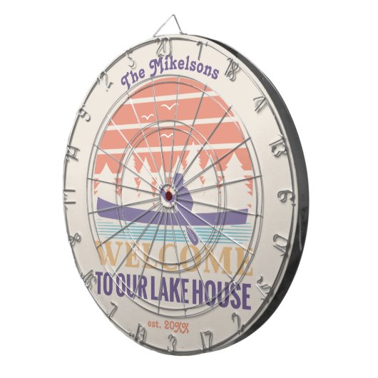 Retro Lake House Familienaam Dartbord (Voorkant Rechts)