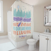 Retro Lake House Familienaam Douchegordijn (In situ)