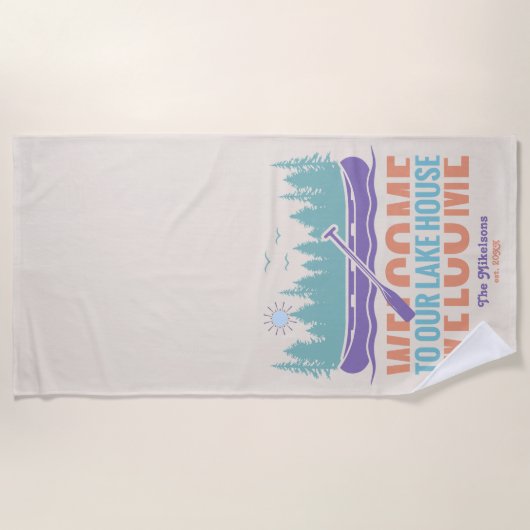 Retro Lake House Familienaam Strandlaken (Voorkant)