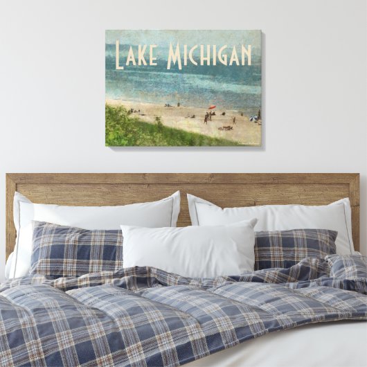 Retro Lake Michigan Beach Premium Ingewikkeld Canv Canvas Afdruk (Insitu (Slaapkamer))