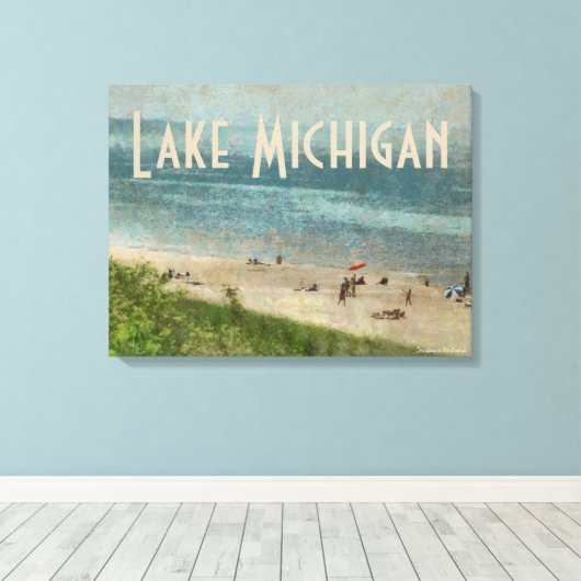 Retro Lake Michigan Beach Premium Ingewikkeld Canv Canvas Afdruk (Insitu (Houten vloer))