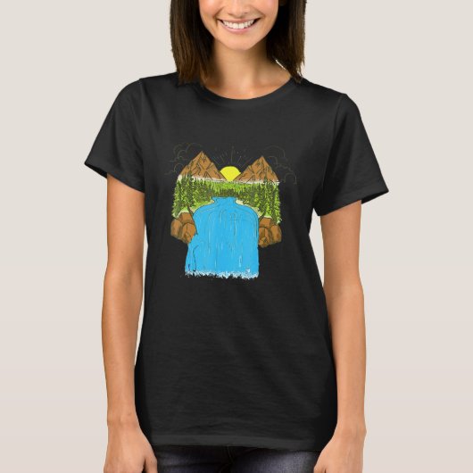 Retro Lake Mountain Sun Landscape Forest T-shirt (Voorkant)