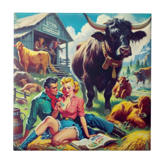 Retro landelijk paar illustratie tegeltje (Voorkant)