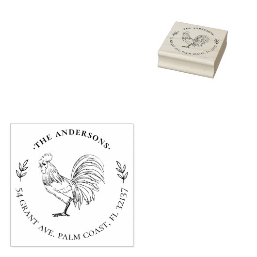 Retro & Landelijke Haan Met Naam & Adres Rubberstempel (Gestempeld)