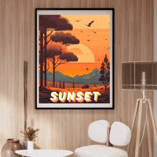  Retro Landschap Reizen Zonsondergang Art Print